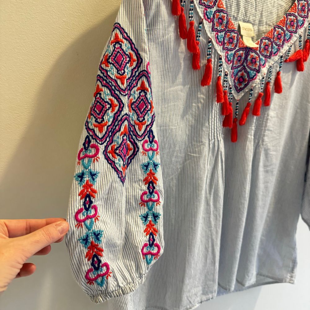 CHICO'S Pinstriped Embroidered Tassel Trim Beaded Peasant Top Size 3P Large Boho - Picture 7 of 11